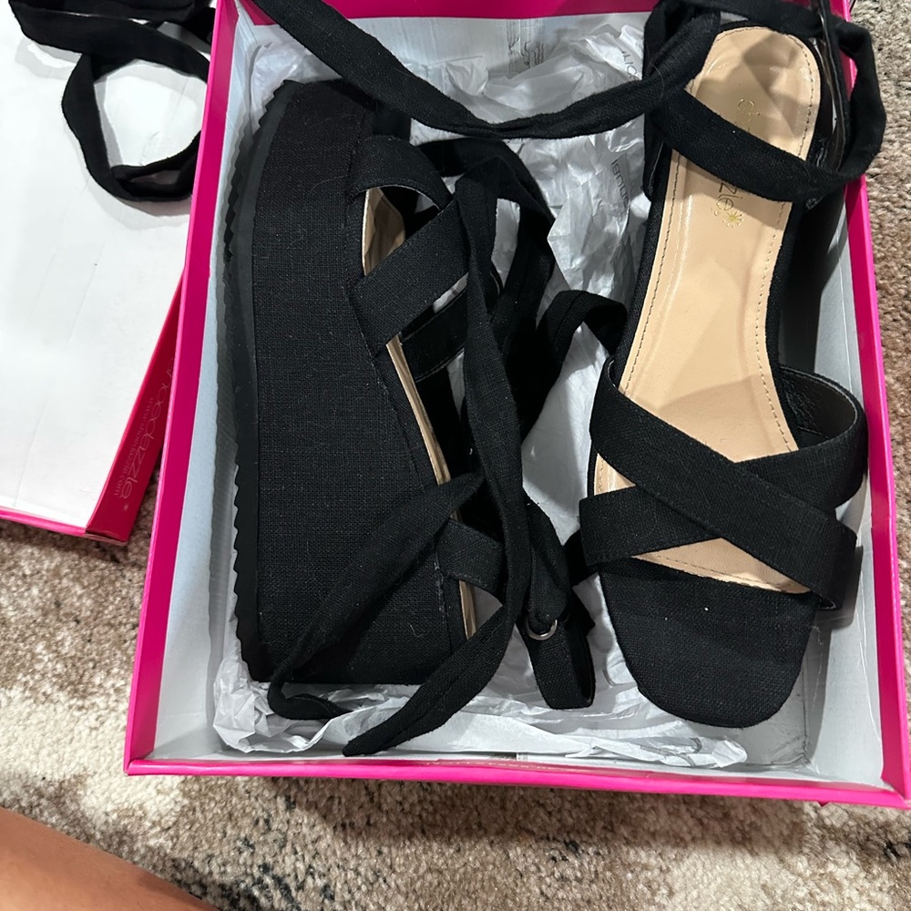 “Shoe Dazzle “ women’s black wrap wedge sandals Brand new ! Never worn!
